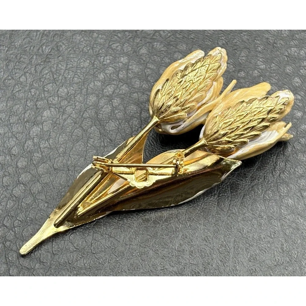 Vintage Enamel Tulip Flower Bouquet Brooch Pin Gold Tone